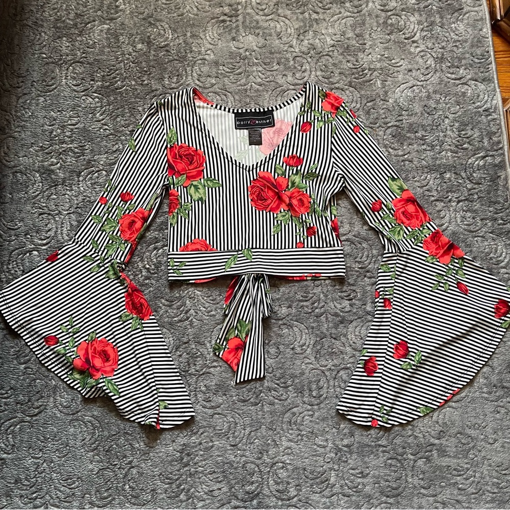 Polly & Esther Floral Striped Bell Sleeve Top